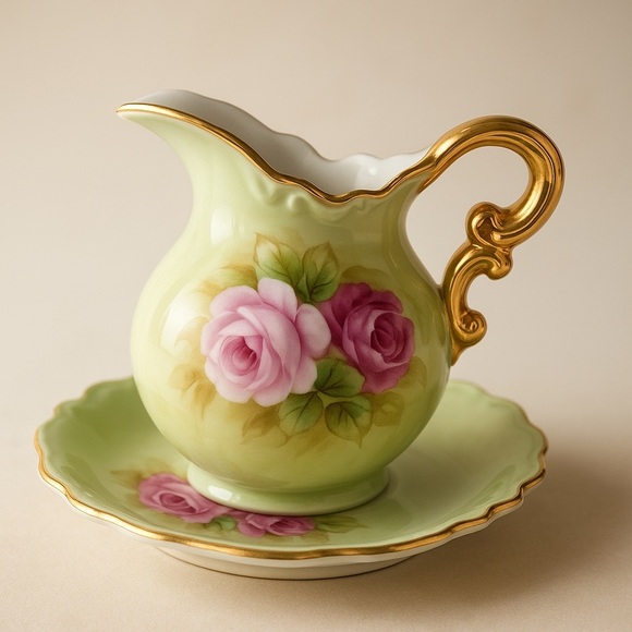 Vintage LeVintage Lefton China Mini Pitcher & Bowl Set Heritage Green Pink Roses - Picture 4 of 4